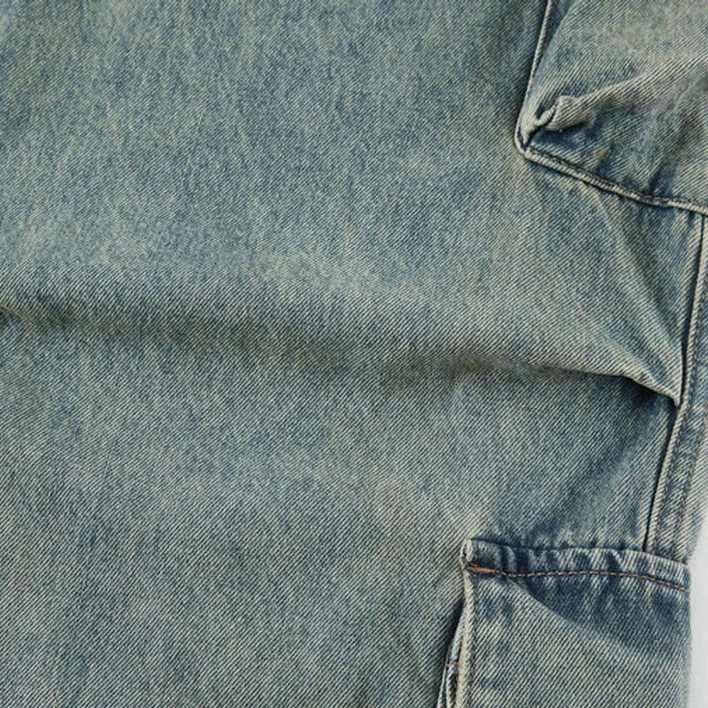 Custom Men's Vintage Casual Cargo Denim Jeans Men Mid Waist Light Wash Jeans with Side Pockets