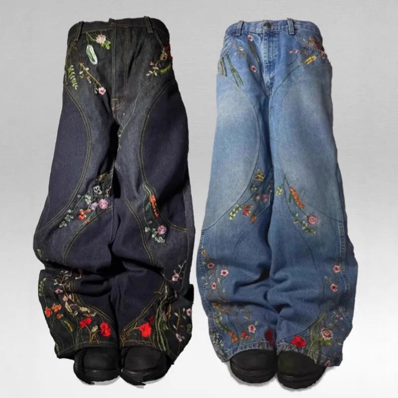 Custom Baggy Jeans Y2k Selvage Denim Jeans Black Wide Leg Embroidery Wide Leg  Floral Jeans for Men