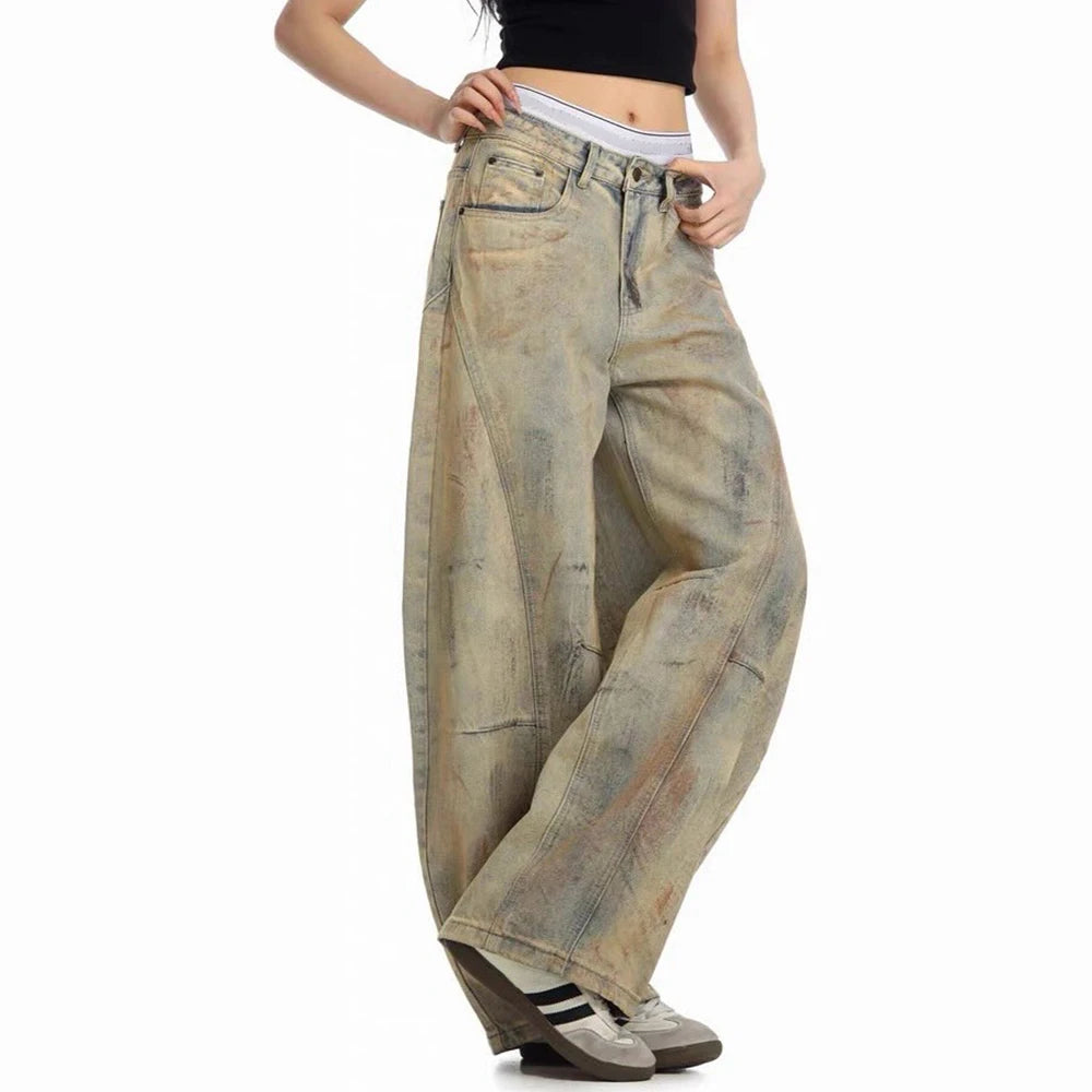 Custom Women's Barrel Jeans Dirty Washed Denim Jeans for Women Jeans Pants