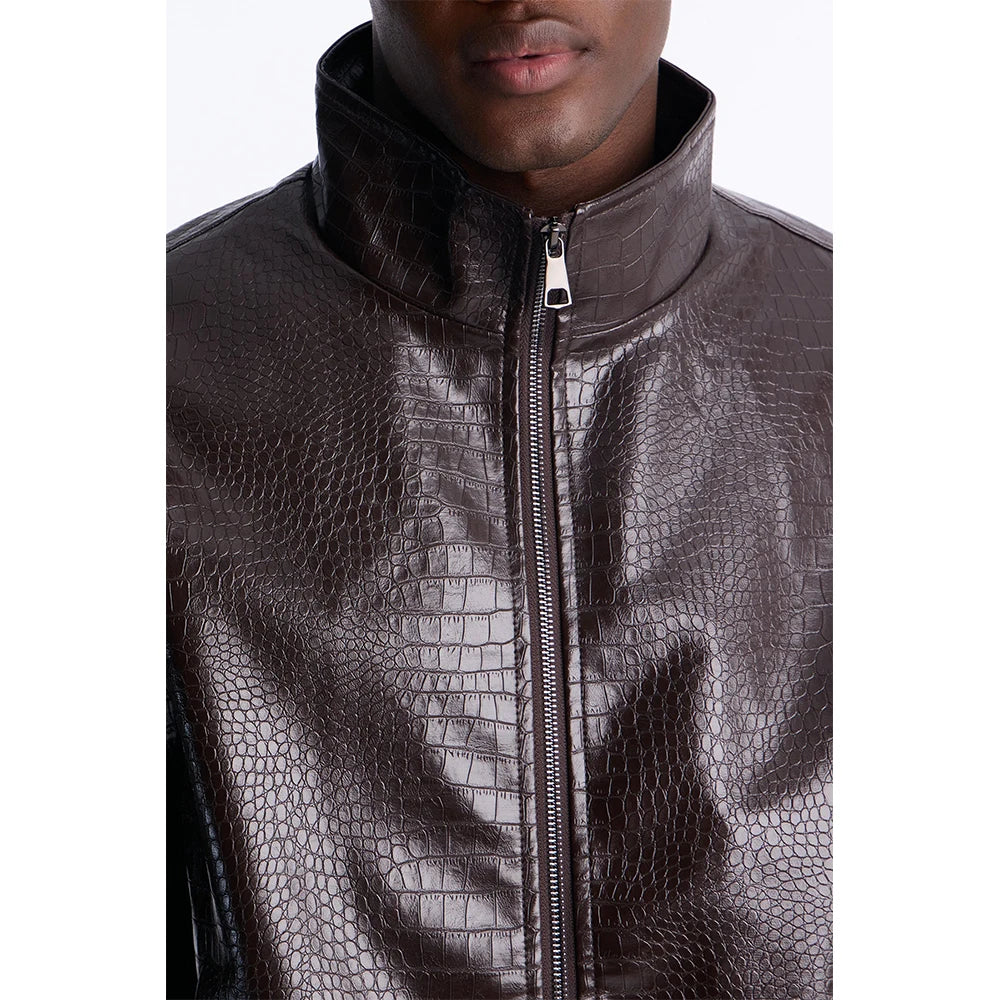 Custom Faux Leather Crocodile Bomber Jacket for Men Zip up crocodile Leather Jacket Manufacturer