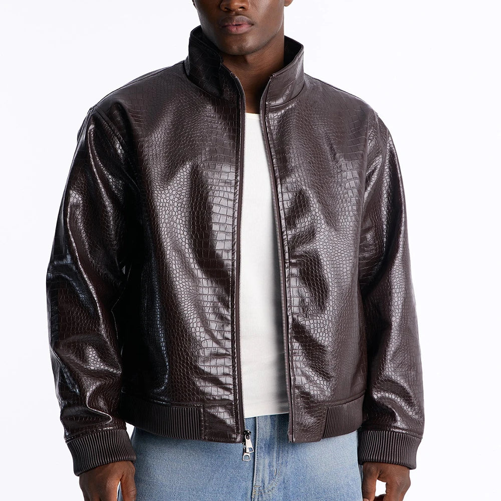 Custom Faux Leather Crocodile Bomber Jacket for Men Zip up crocodile Leather Jacket Manufacturer