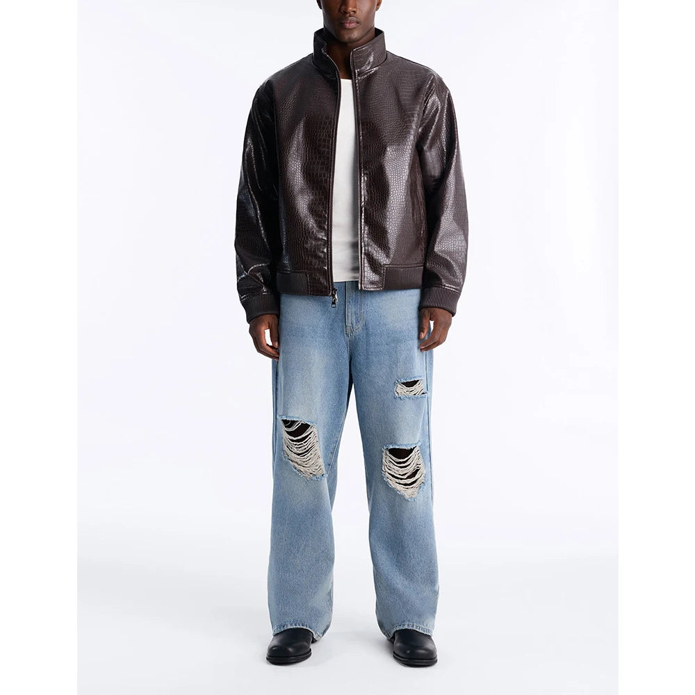 Custom Faux Leather Crocodile Bomber Jacket for Men Zip up crocodile Leather Jacket Manufacturer