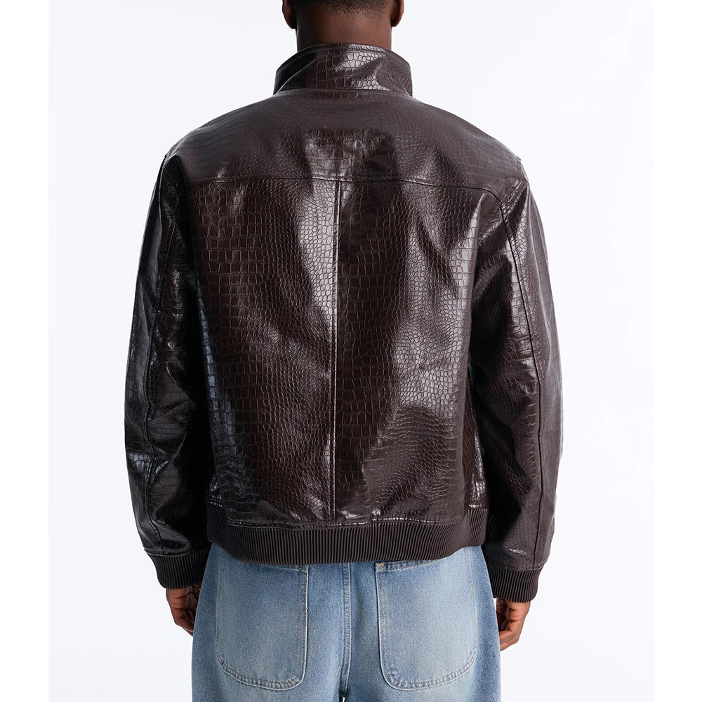 Custom Faux Leather Crocodile Bomber Jacket for Men Zip up crocodile Leather Jacket Manufacturer